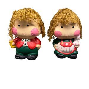 Vintage Enesco Coin Banks Twisted Yarn Hair Boy & Girl Ceramic 1982 Cute Kids 6"